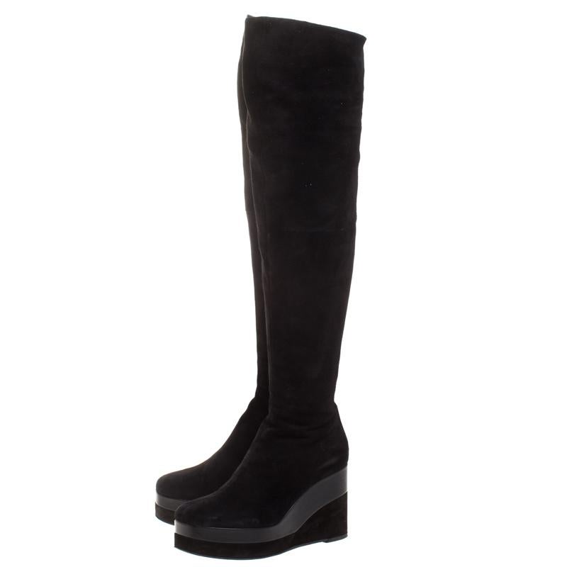 Hermes Black Suede And Leather Platform Wedge Over The Knee Boots Size 37 1