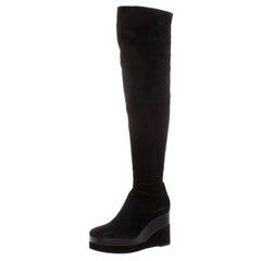 Hermes Black Suede And Leather Platform Wedge Over The Knee Boots Size 37