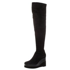 Hermes Black Suede And Leather Platform Wedge Over The Knee Boots Size 37