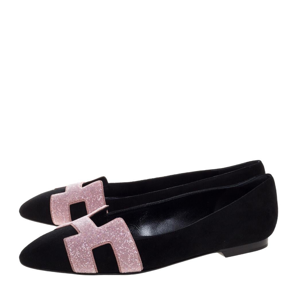 Hermes Black Suede And Pink Crystal Powder Nice Ballet Flats Size 37 In New Condition In Dubai, Al Qouz 2