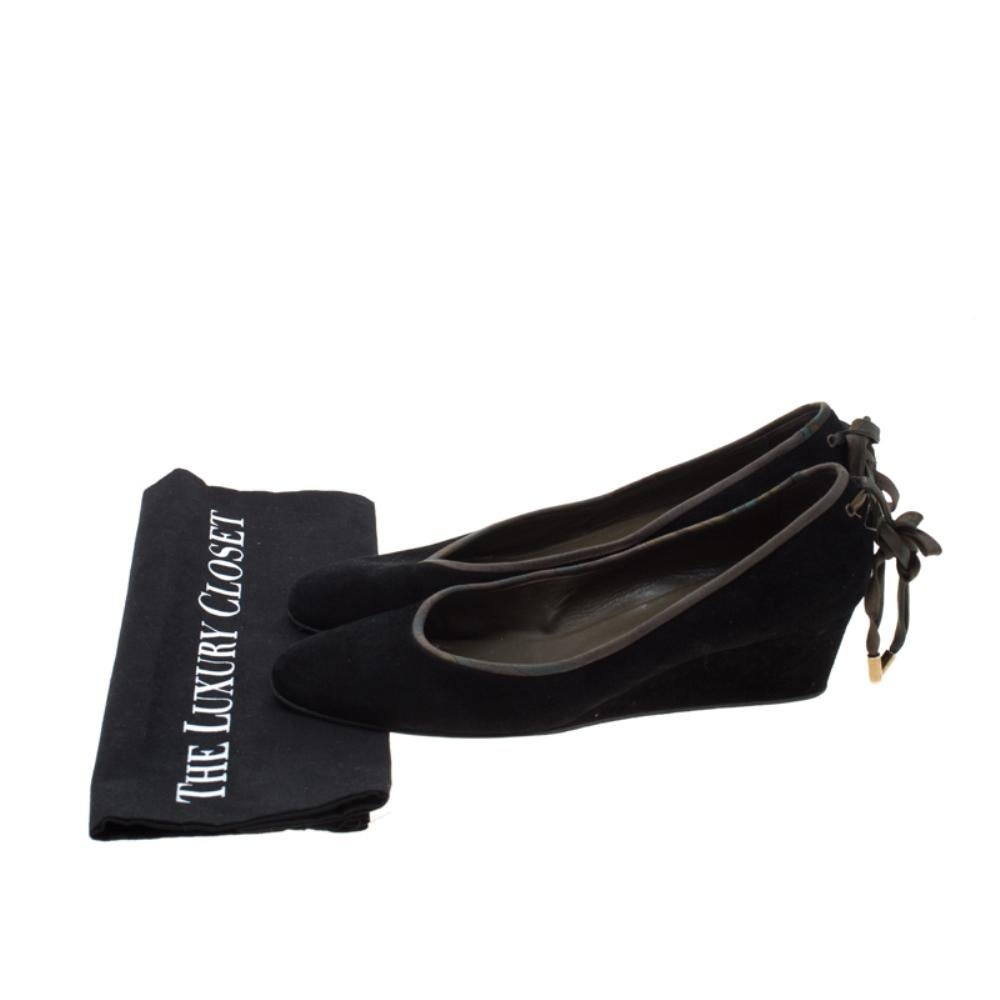 Hermes Black Suede Bow Detail Wedge Pumps Size 39 4