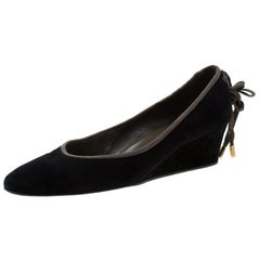 Hermes Black Suede Bow Detail Wedge Pumps Size 39