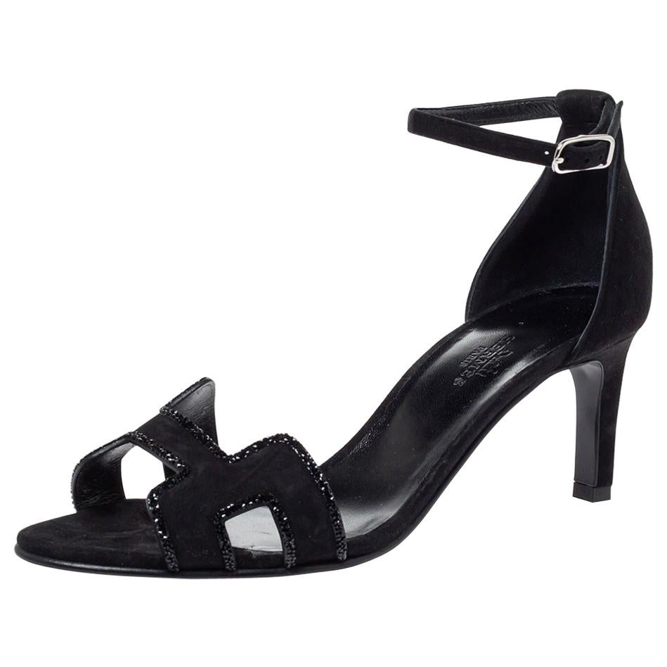 Hermes Black Suede Crystal Embellished Premiere Ankle Strap Sandals Size 38.5