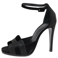 Hermes Black Suede Embellished Ankle Strap Sandals Size 38.5