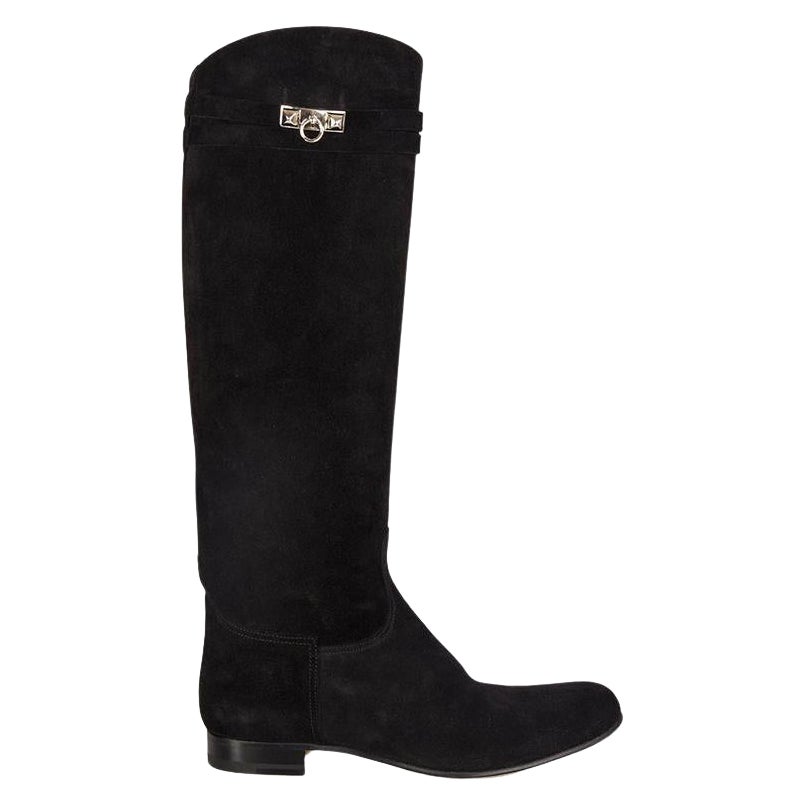HERMES Schwarze kniehohe, flache Stiefel aus Wildleder HER COLLIER DE CHIEN Schuhe 39,5