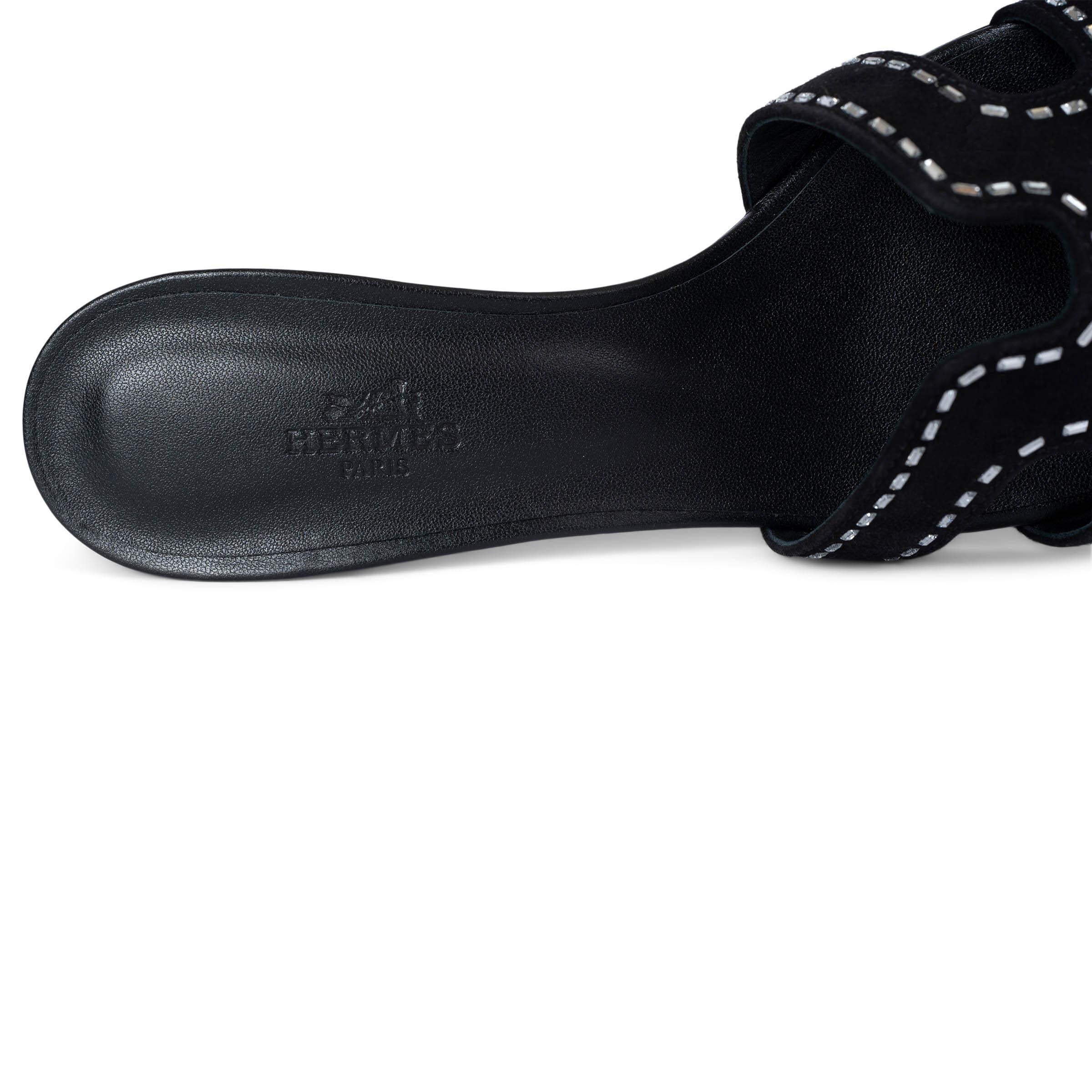 HERMES black suede OASIS CRYSTAL Sandals Shoes 38 For Sale 1