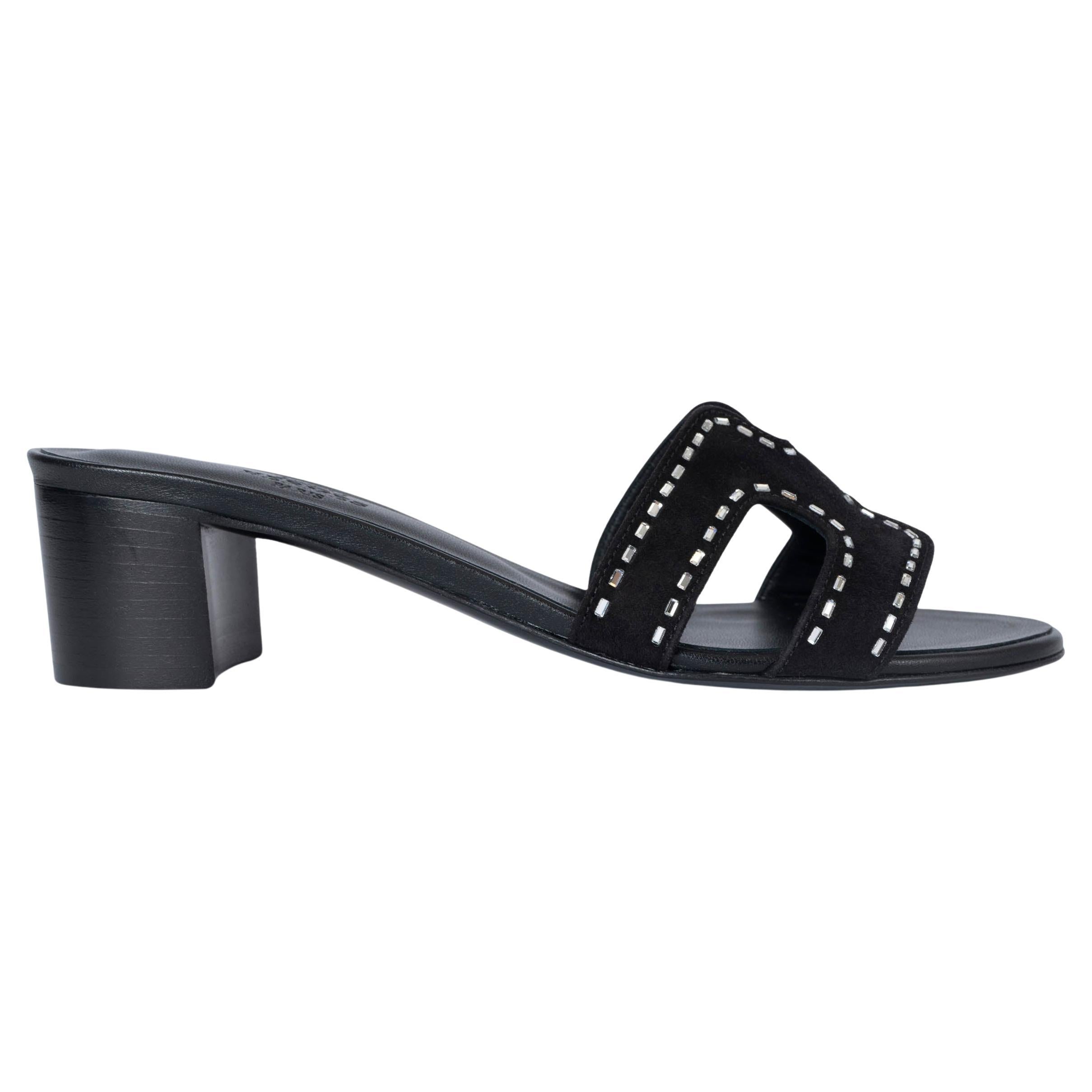 HERMES black suede OASIS CRYSTAL Sandals Shoes 38 For Sale