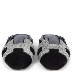HERMES black suede ROXANE GLITTER H Mules Shoes 38