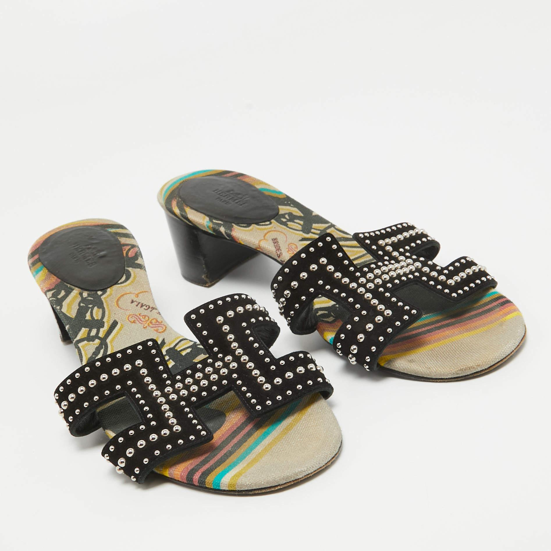 Hermes Black Suede Studded Oasis Slide Sandals Size 40 For Sale 1
