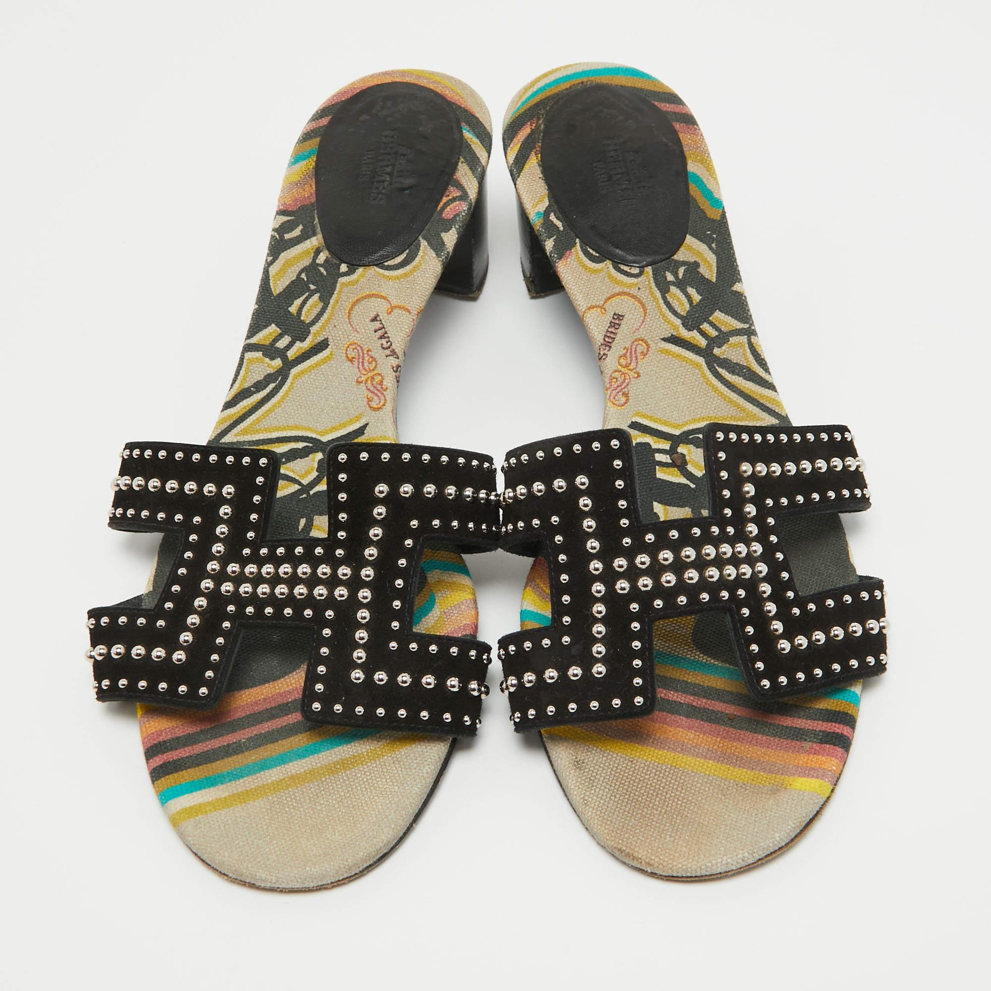 Hermes Black Suede Studded Oasis Slide Sandals Size 40 2