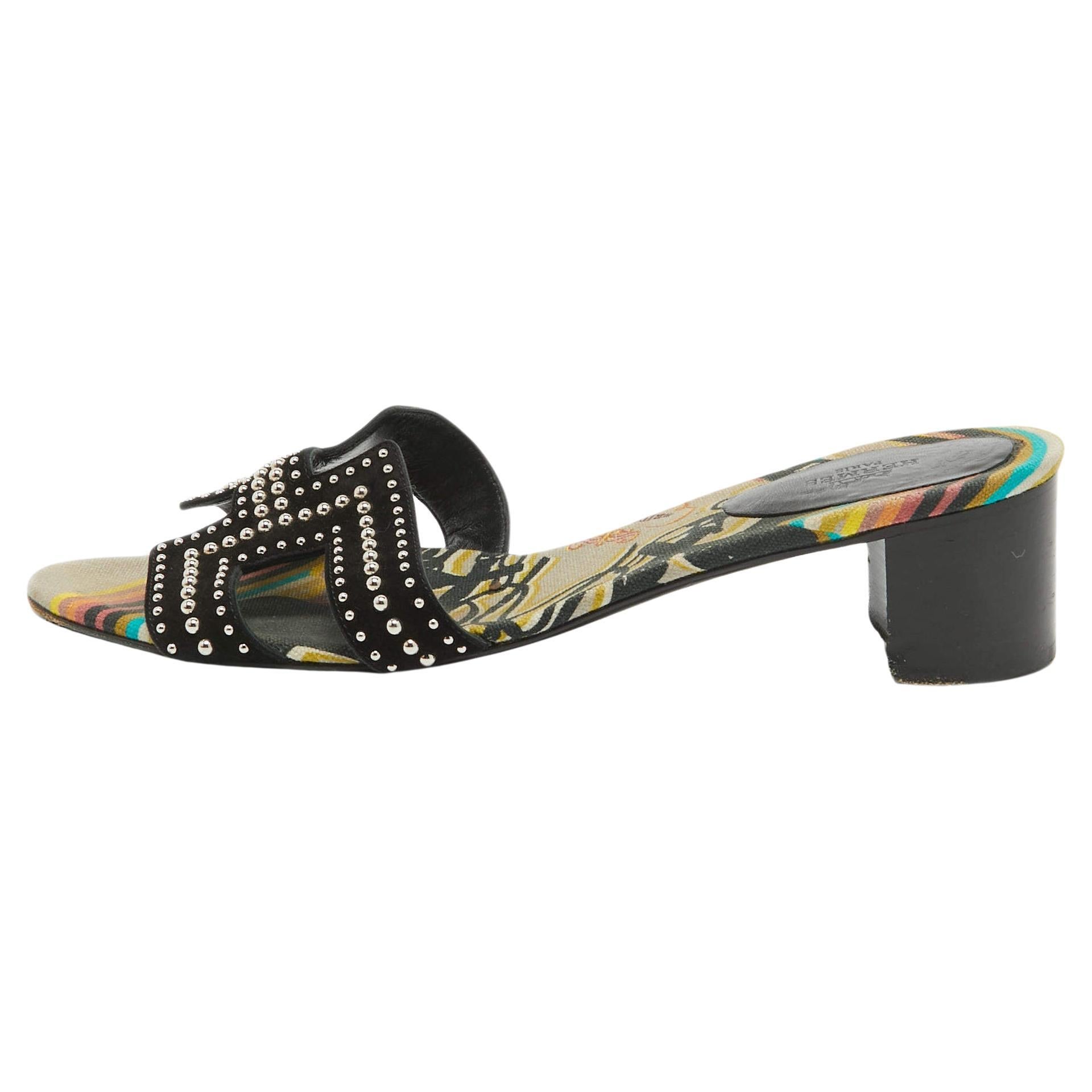 Hermes Black Suede Studded Oasis Slide Sandals Size 40