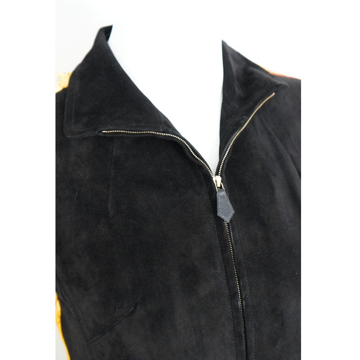 Hermès Black Suede Yellow Silk Concerto Violinist Zip Vest 40 Gris en venta