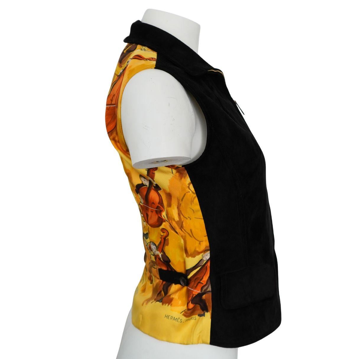 Hermès Black Suede Yellow Silk Concerto Violinist Zip Vest 40 en Excelente estado para la venta en Beverly Hills, CA