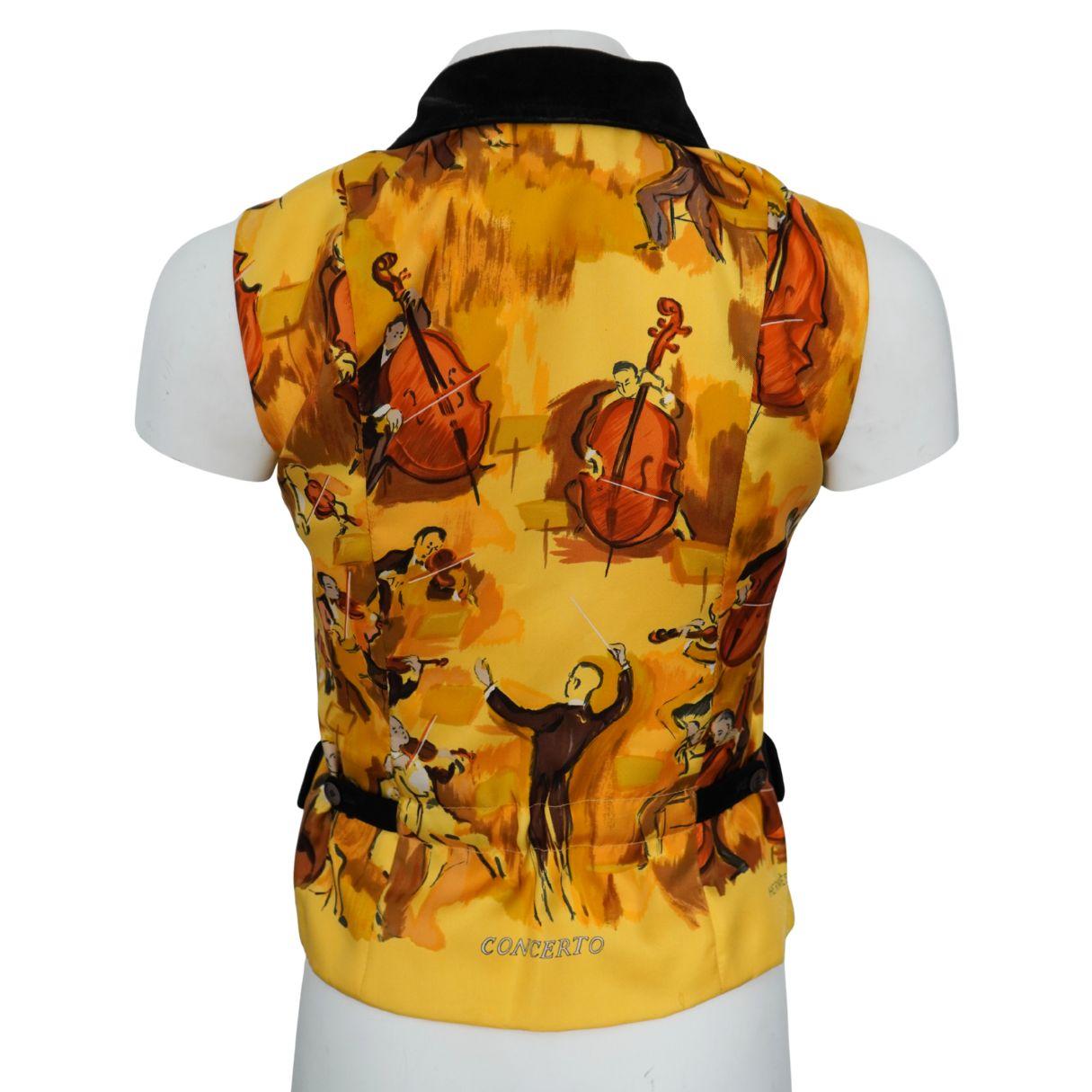 De las mujeres Hermès Black Suede Yellow Silk Concerto Violinist Zip Vest 40 en venta