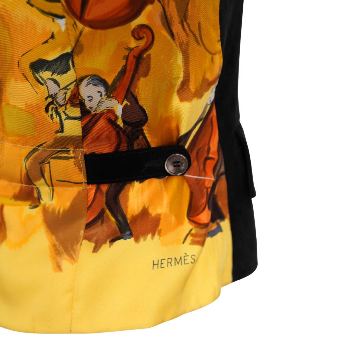 Hermès Black Suede Yellow Silk Concerto Violinist Zip Vest 40 en venta 2
