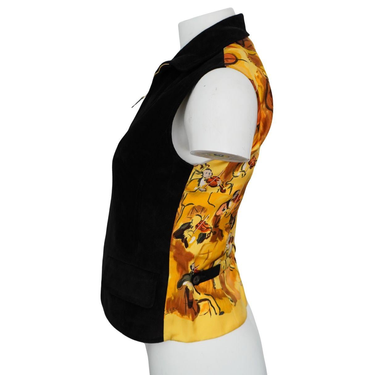 Hermès Black Suede Yellow Silk Concerto Violinist Zip Vest 40 en venta 3
