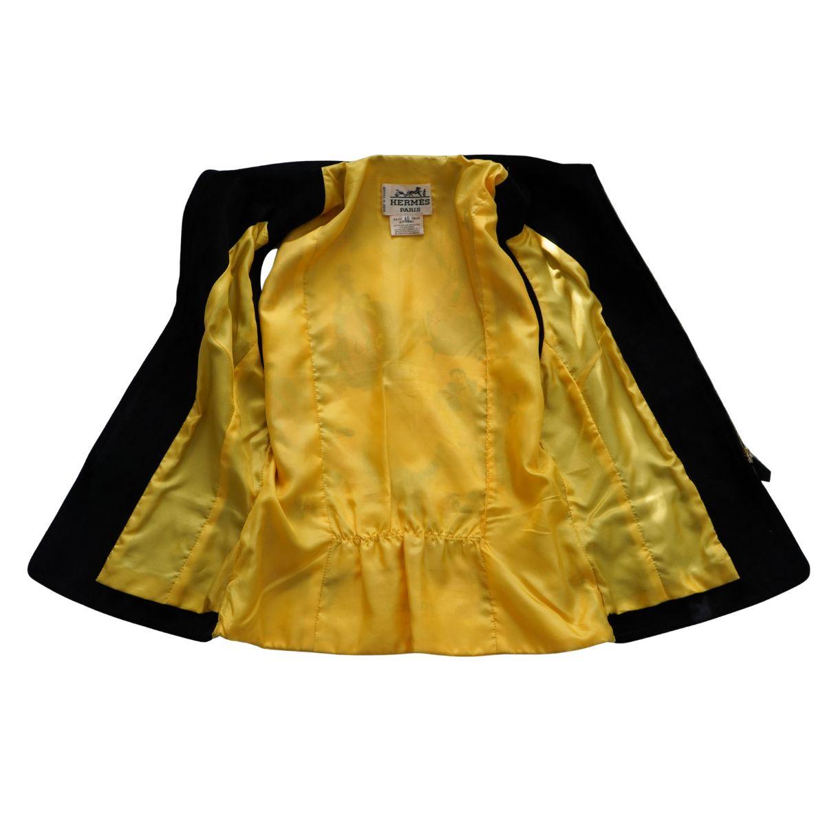 Hermès Black Suede Yellow Silk Concerto Violinist Zip Vest 40 en venta 4