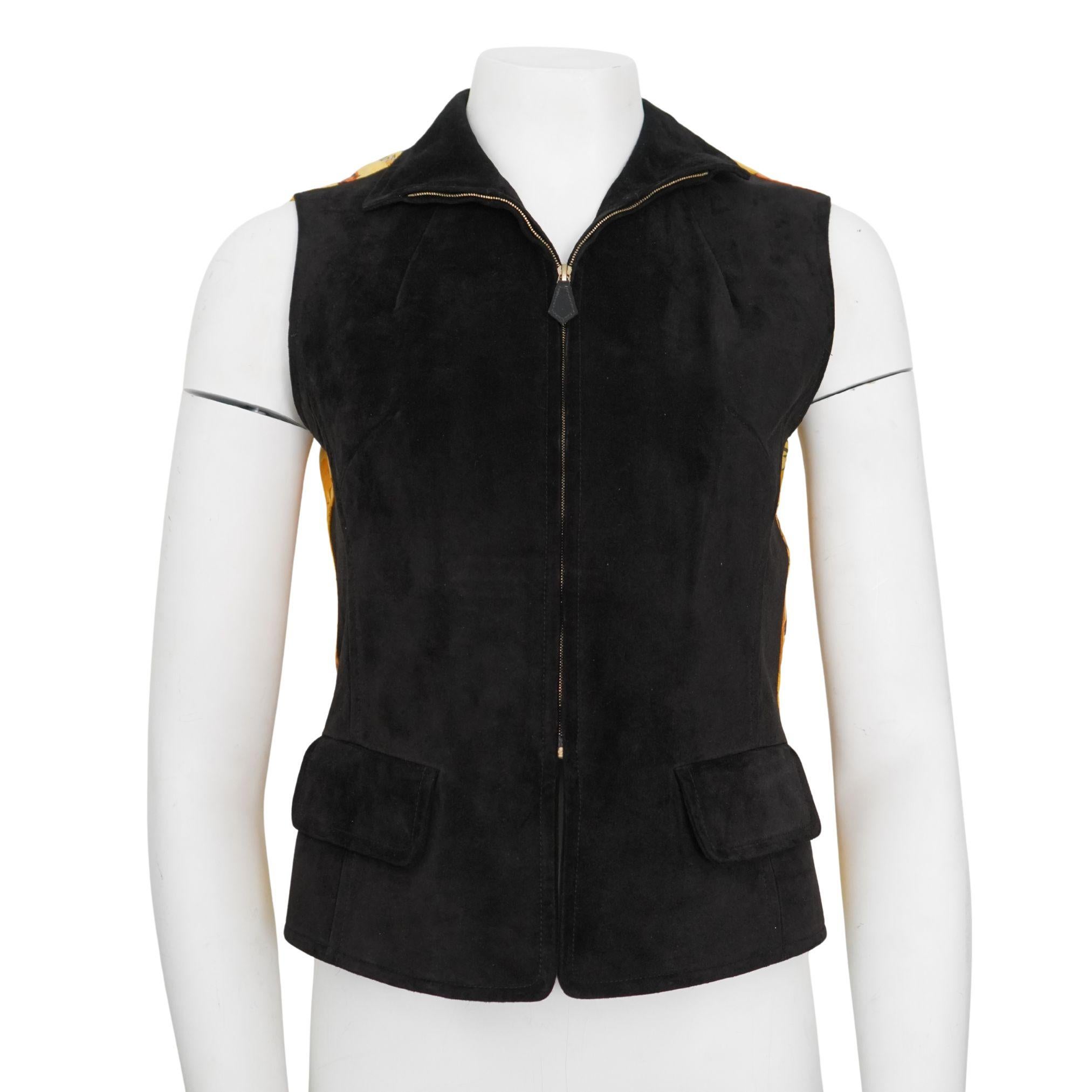 Hermès Black Suede Yellow Silk Concerto Violinist Zip Vest 40 en venta