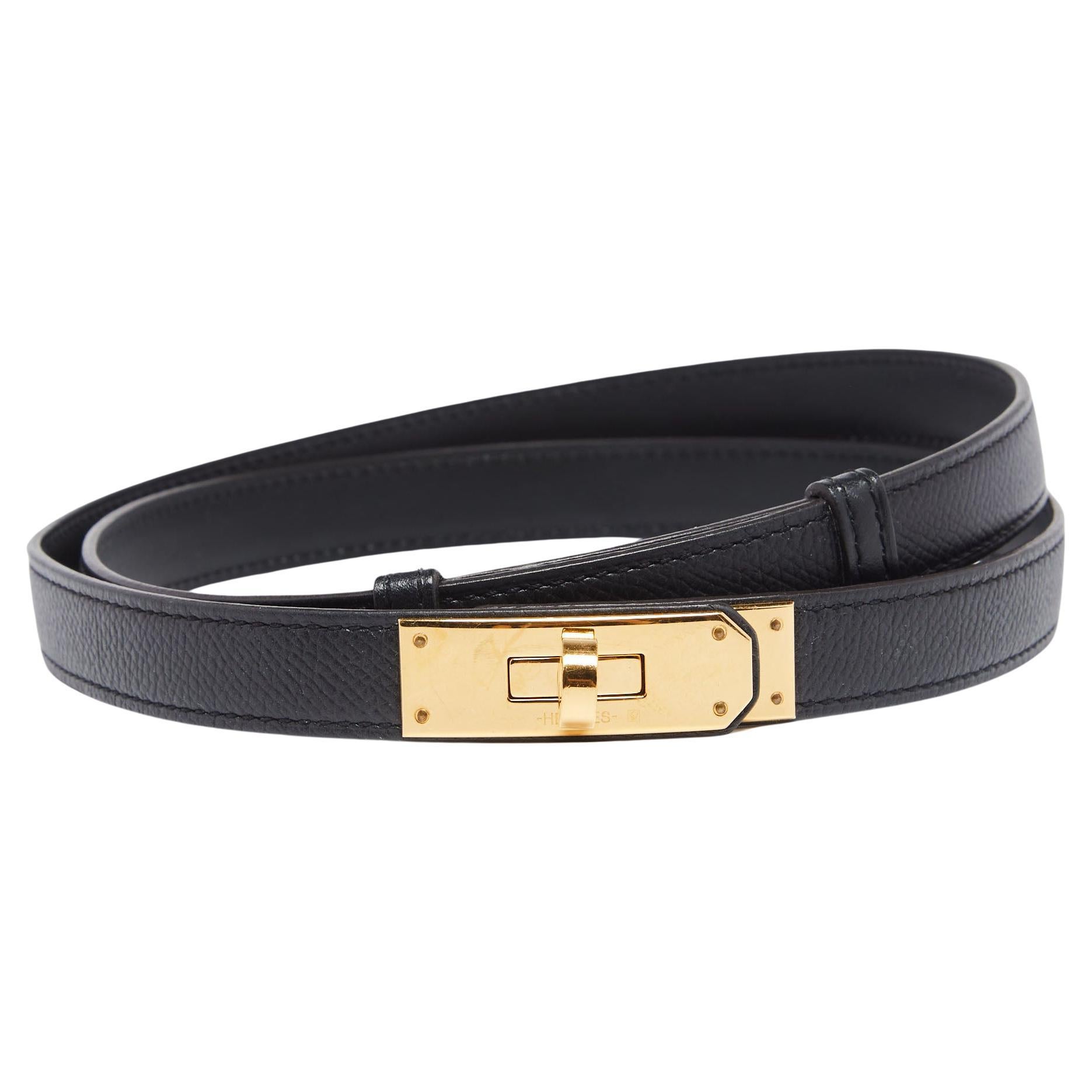 Hermes Black Swift and Epsom Leather Gold Finish Kelly 18 Adjustable Belt  at 1stDibs