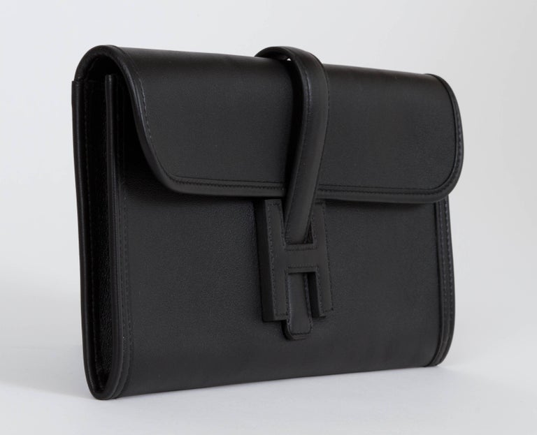 Women's or Men's Hermès Black Swift Jige Clutch New in Box For Sale