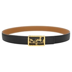 Vintage Hermès Black Swift Leather Caleche Buckle Belt "75" CM with Gold Hardware, 2019.