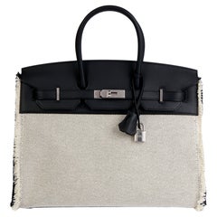 HERMÈS Schwarzes Swift Leder & Segeltuch Fray Birkin 35cm