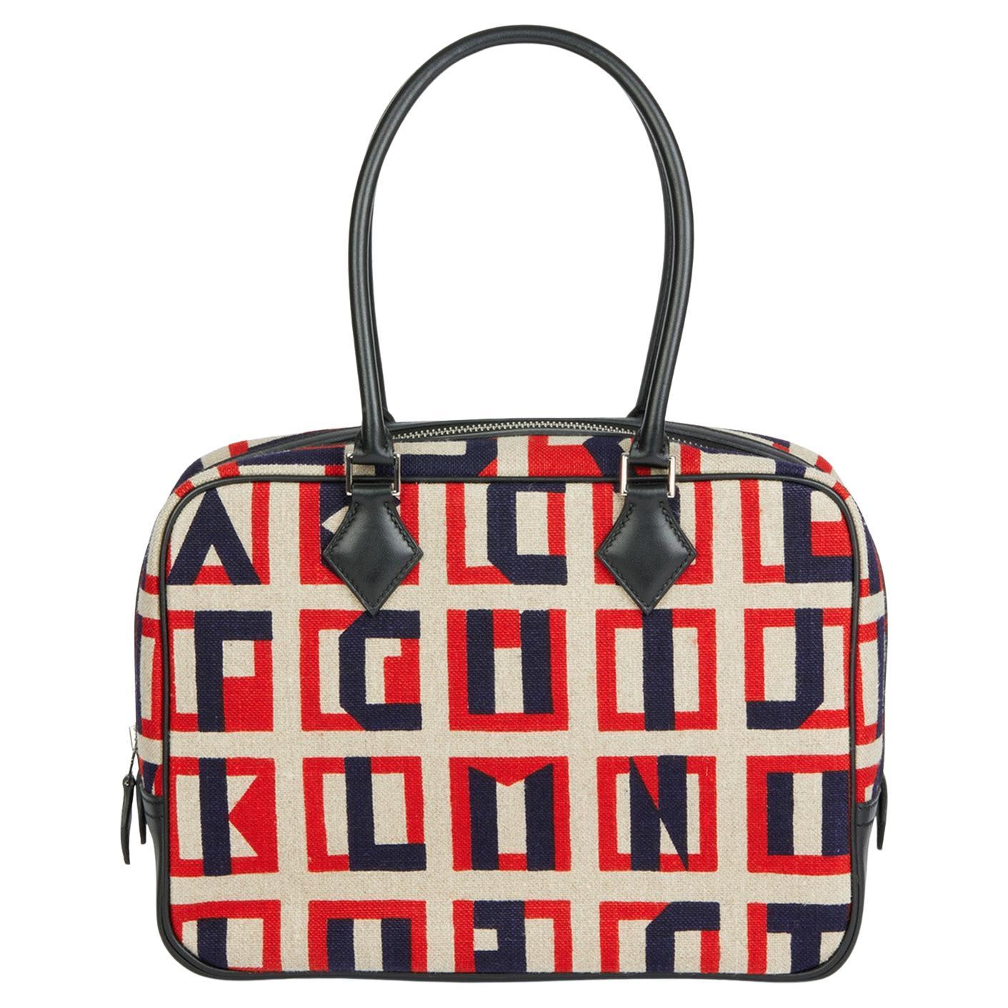 Hermès Black Swift Leather & Lettres au Carré Toile de Camp Plume 28 For Sale