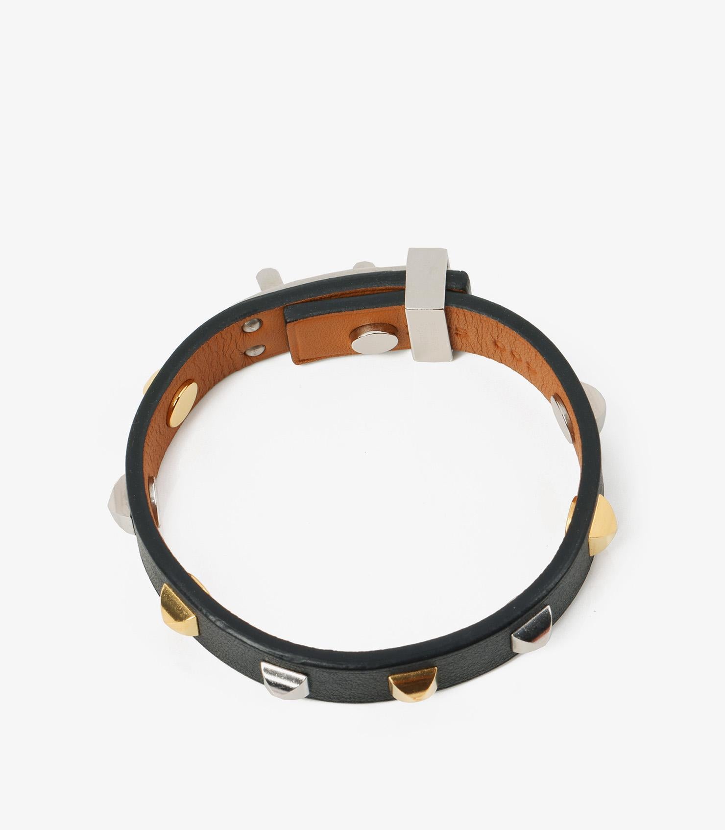 Hermès - Bracelet en cuir Swift noir avec mini chien Clous Carres en vente 1