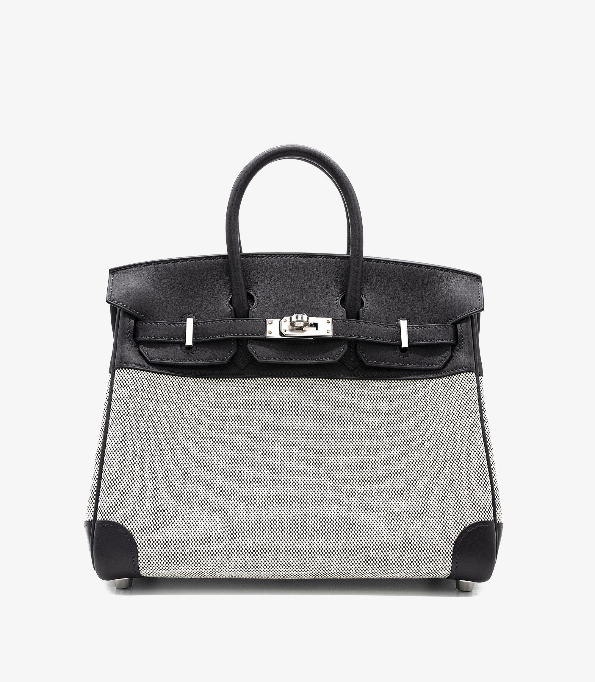 Women's or Men's Hermès Black Swift Leather & Toile Birkin 25cm Retourne For Sale