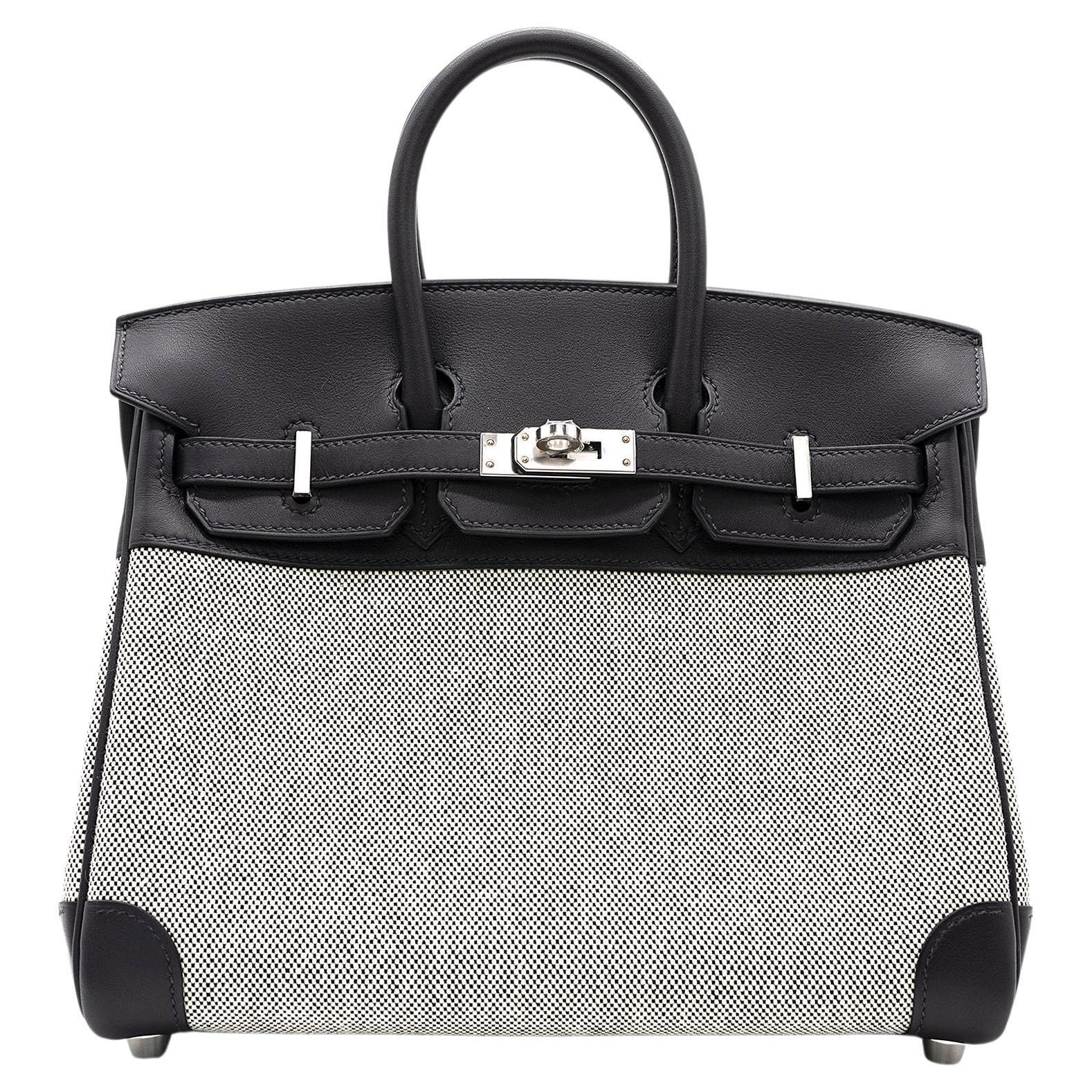 Hermès Black Swift Leather & Toile Birkin 25cm Retourne For Sale