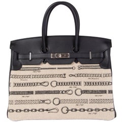 HERMES black Swift leather & Toile DE CHAMP DECHAINEE & Palladium BIRKIN 35 Bag