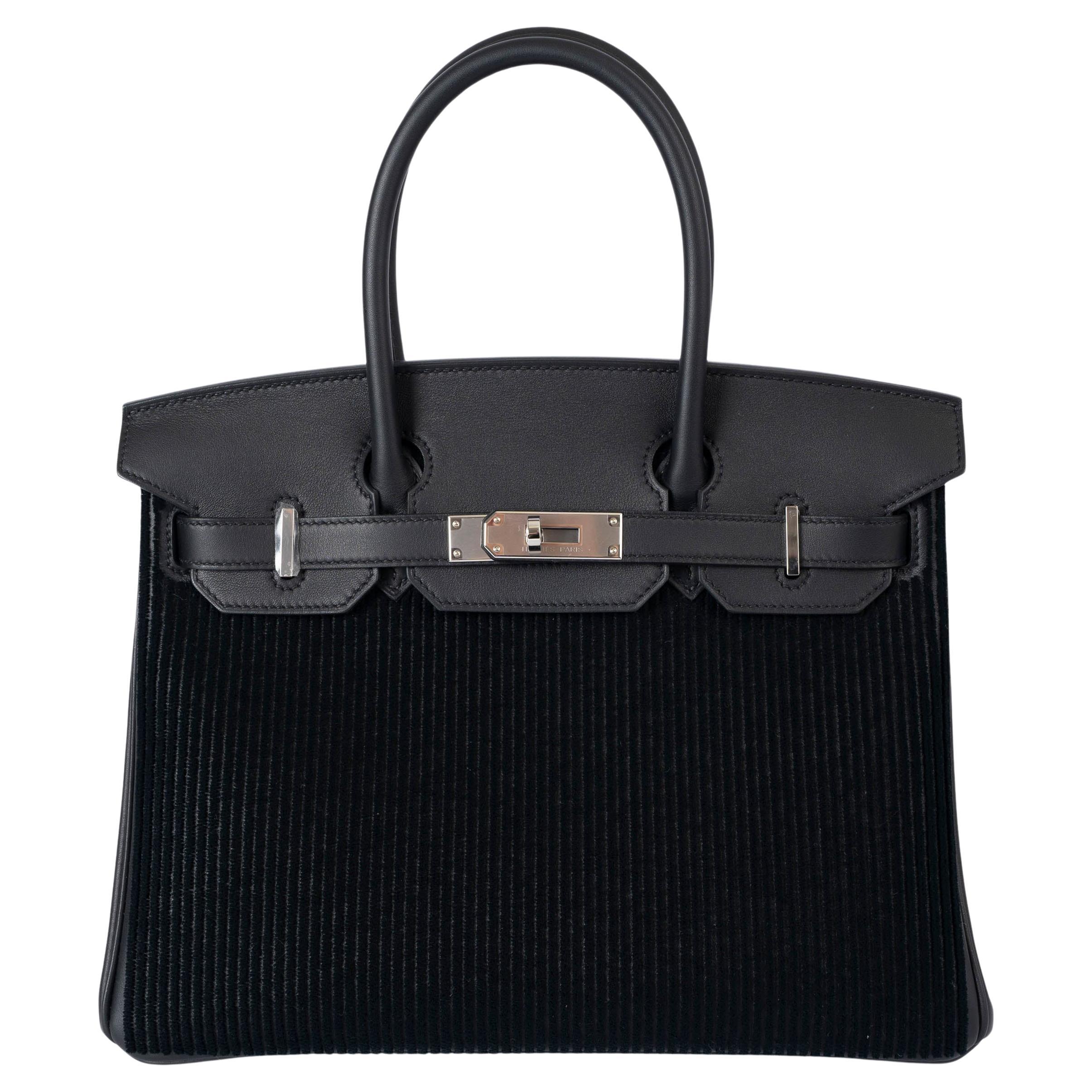 HERMES noir Swift & Tuffetage velours BIRKIN 30 COTE-A-COTE Sac