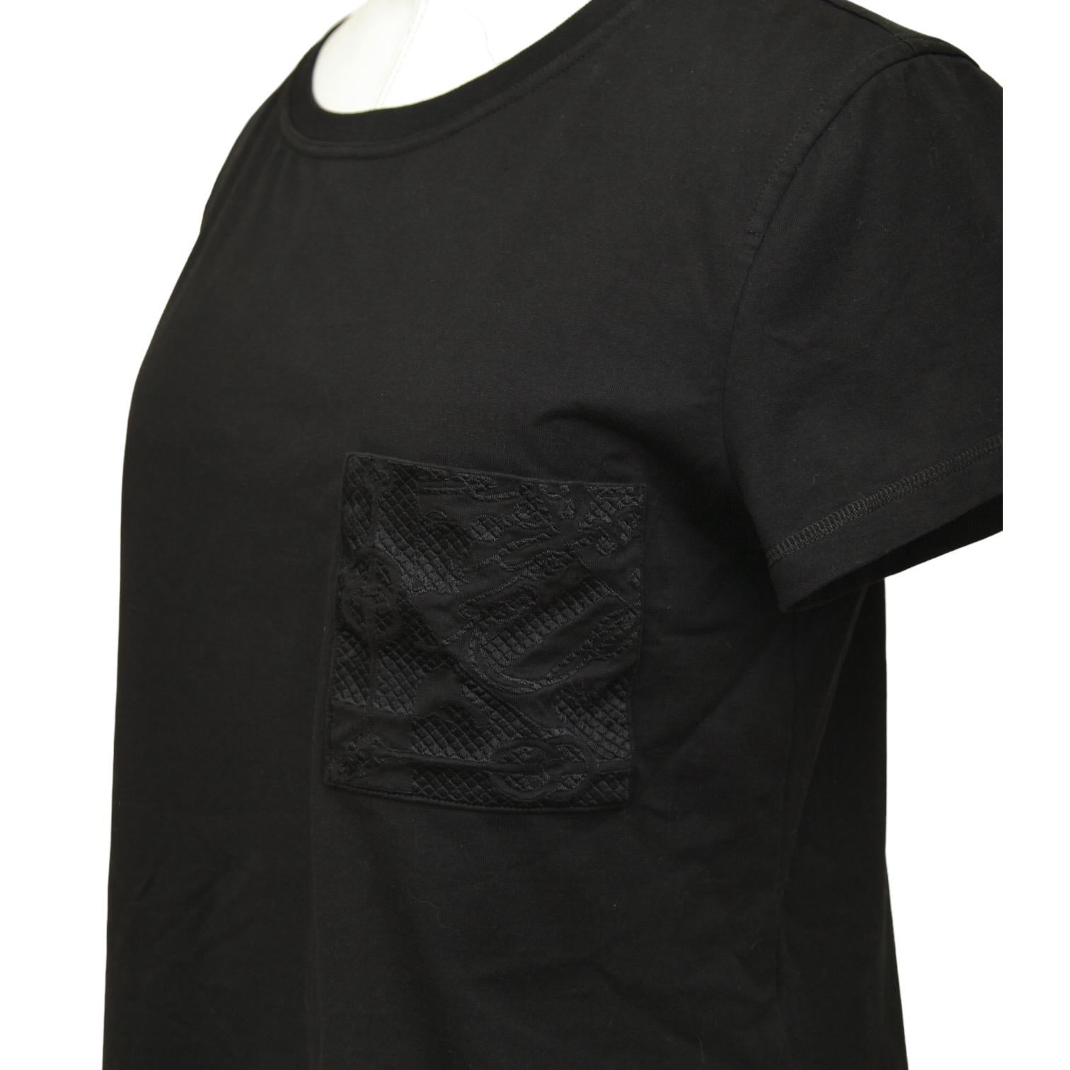 Women's HERMES Black T-Shirt Top Mosaique Embroidery Pocket Short Sleeve Crew Neck 38 For Sale