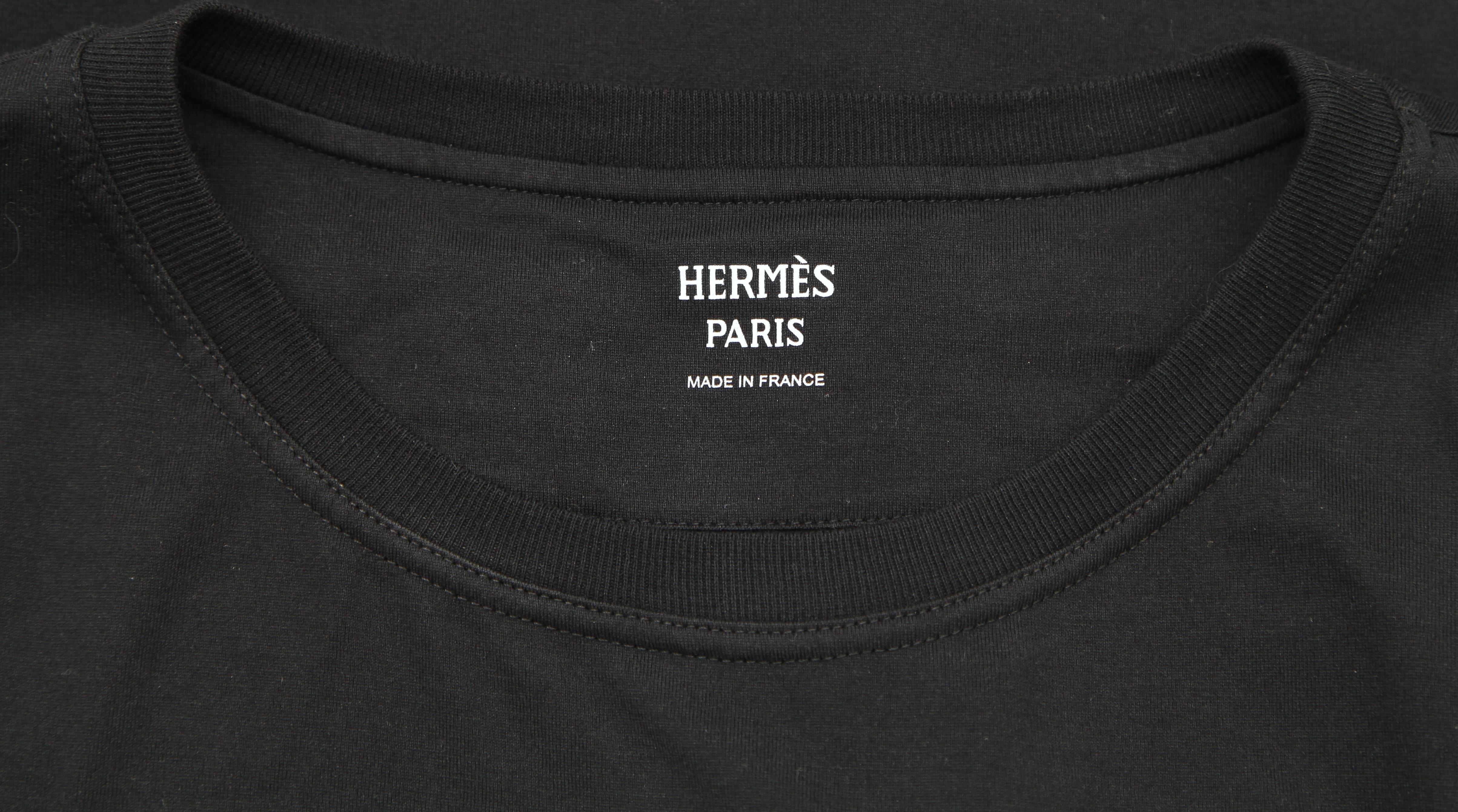 HERMES Black T-Shirt Top Mosaique Embroidery Pocket Short Sleeve Crew Neck 38 For Sale 2