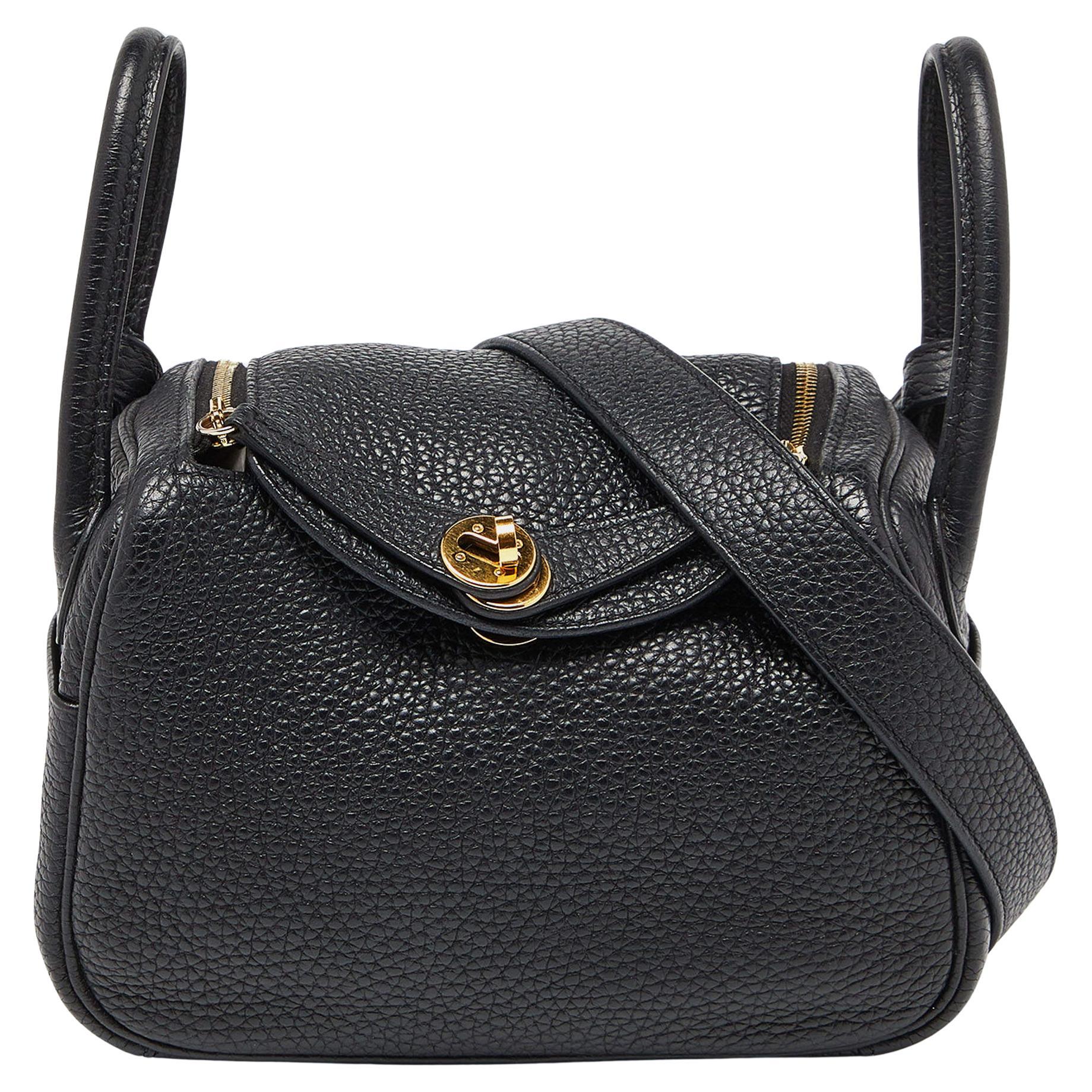 Hermès Black Taurillon Clemence Leather Gold Finish Mini Lindy Bag For Sale