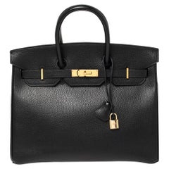 Retro Hermes Black Taurillon Clemence Leather Gold Finished Birkin 35 Bag