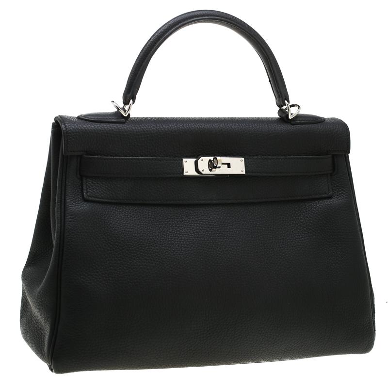 Women's Hermes Black Togo Leather Palladium Hardware Kelly Retourne 32 Bag