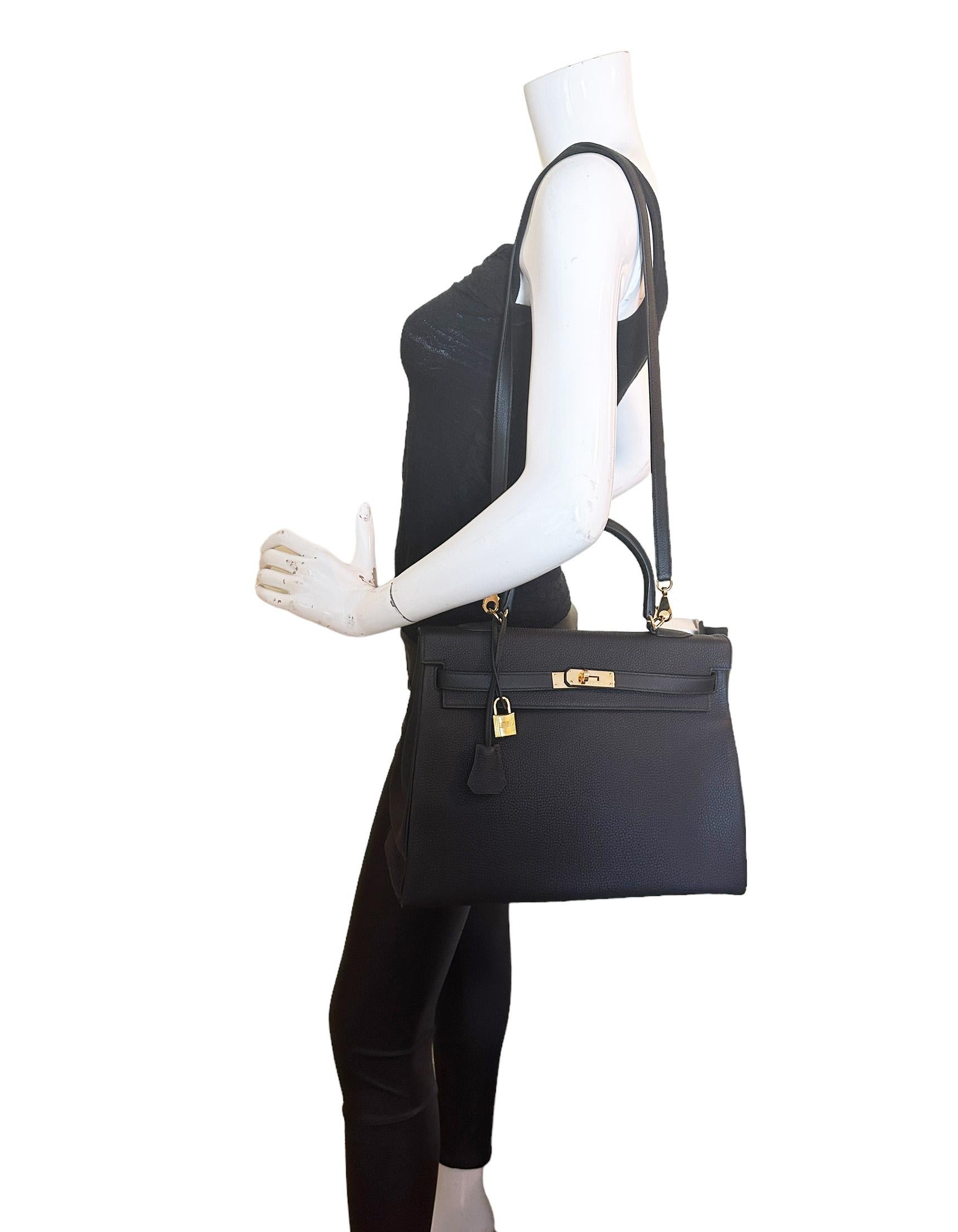 Hermes Black Togo Leather 35cm Kelly Bag w/ GHW
Made in: France
Year of Production: 2020
Color: Black
Materials: Togo leather
Lining: Black chevre leather
Hardware: Goldtone
Exterior Pockets: N/A
Interior Pockets: One zippered, two open
Closure: