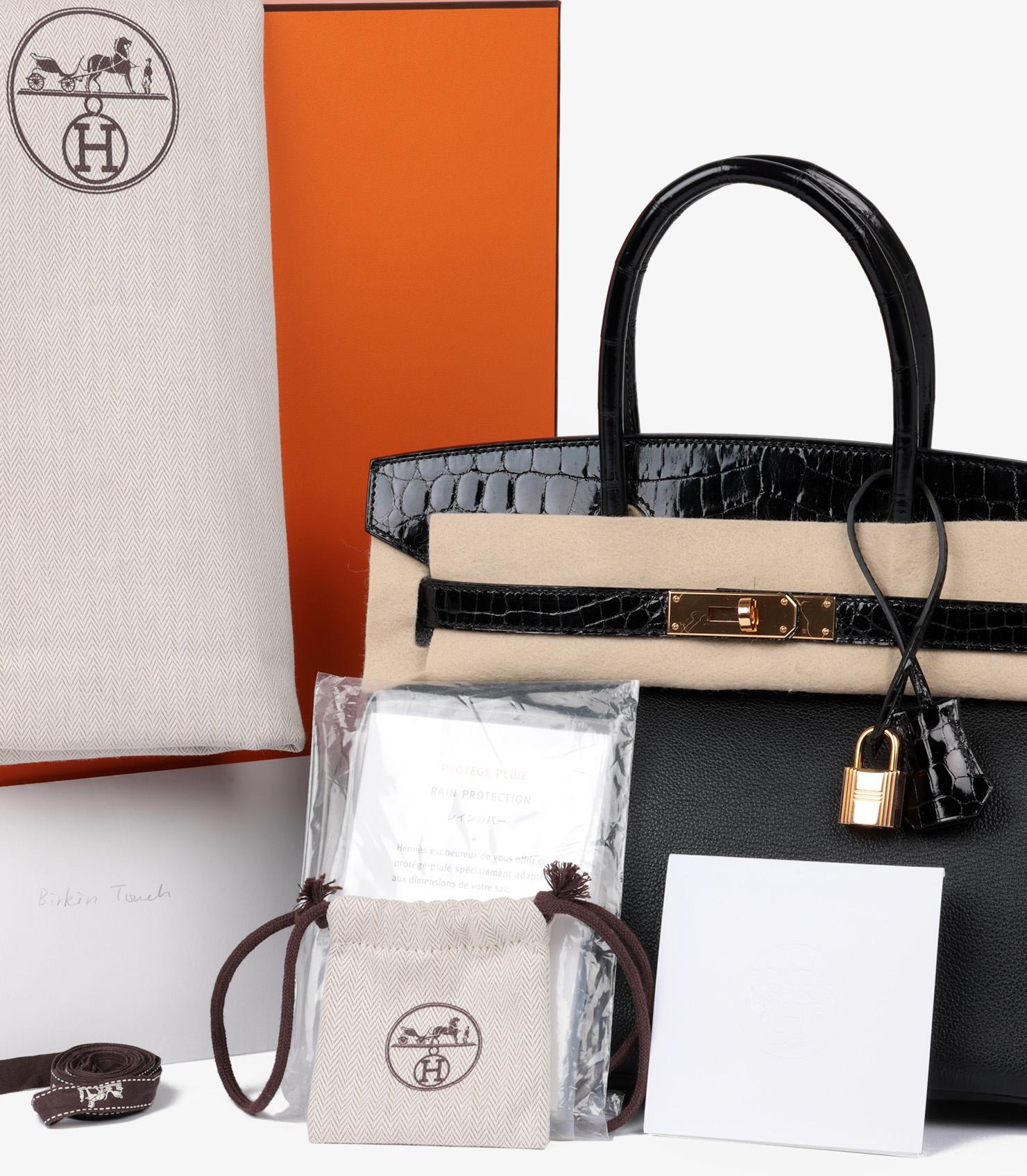 Hermès Schwarzes Togo Leder & Glänzendes Porosus Krokodilleder Touch Birkin 30cm 5