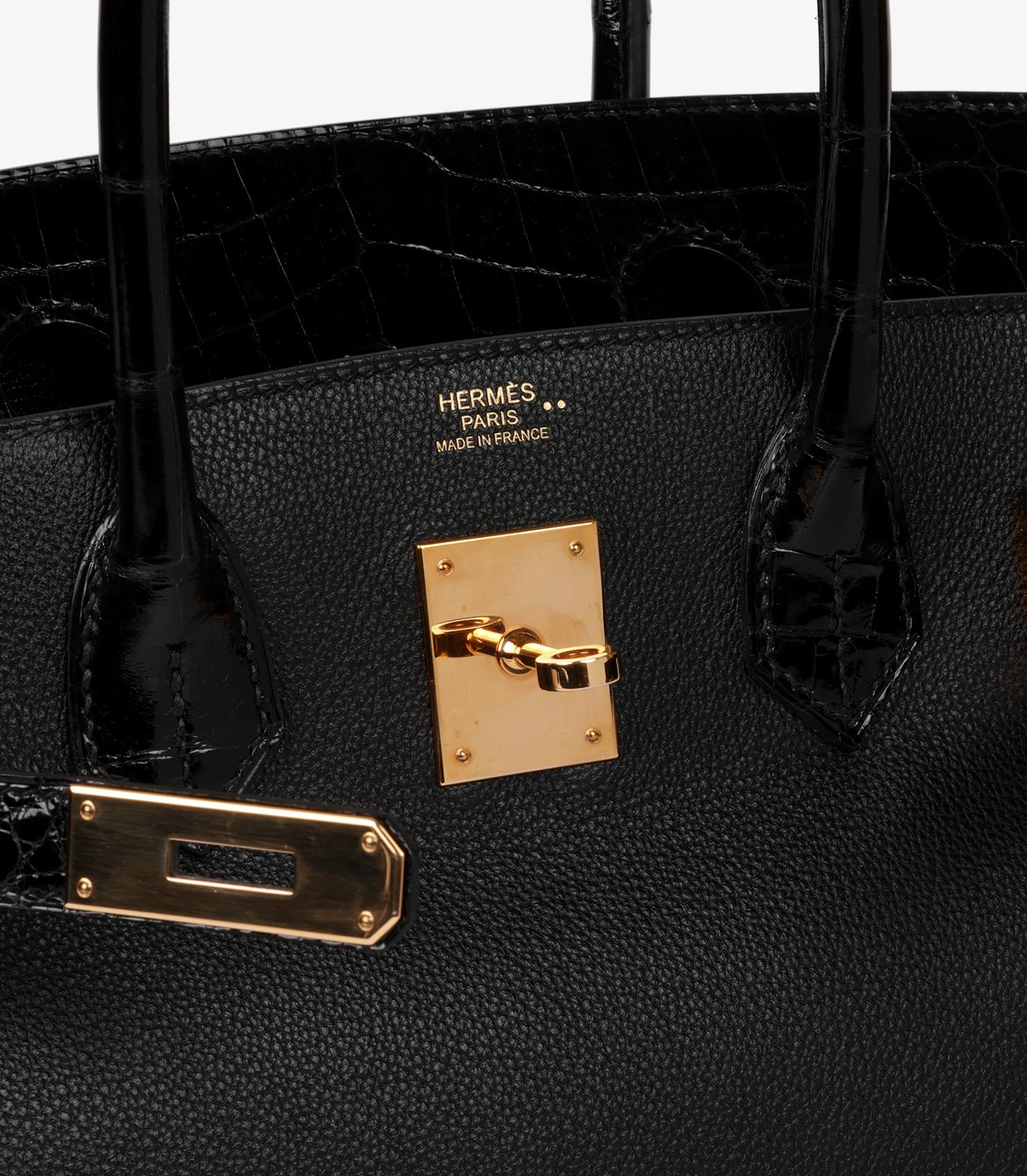 Hermès Schwarzes Togo Leder & Glänzendes Porosus Krokodilleder Touch Birkin 30cm 2
