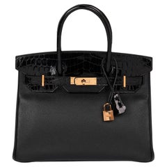 Hermès Black Togo Leather & Shiny Porosus Crocodile Leather Touch Birkin 30cm