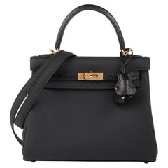 Hermès Black Togo & Varanus Niloticus Lizard Leather Touch Kelly 25cm Retourne