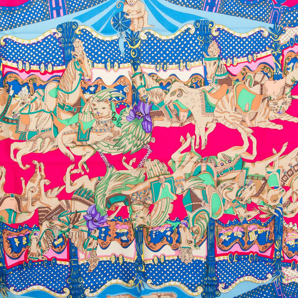 100% authentic Hermes 'Tournez Manege 90' scarf by Annie Faivre in black silk twill (100%) with pink center and details in blue, green and beige. Has been worn and is in excellent condition.

Width 90cm (35.1in)
Height 90cm (35.1in)

All our