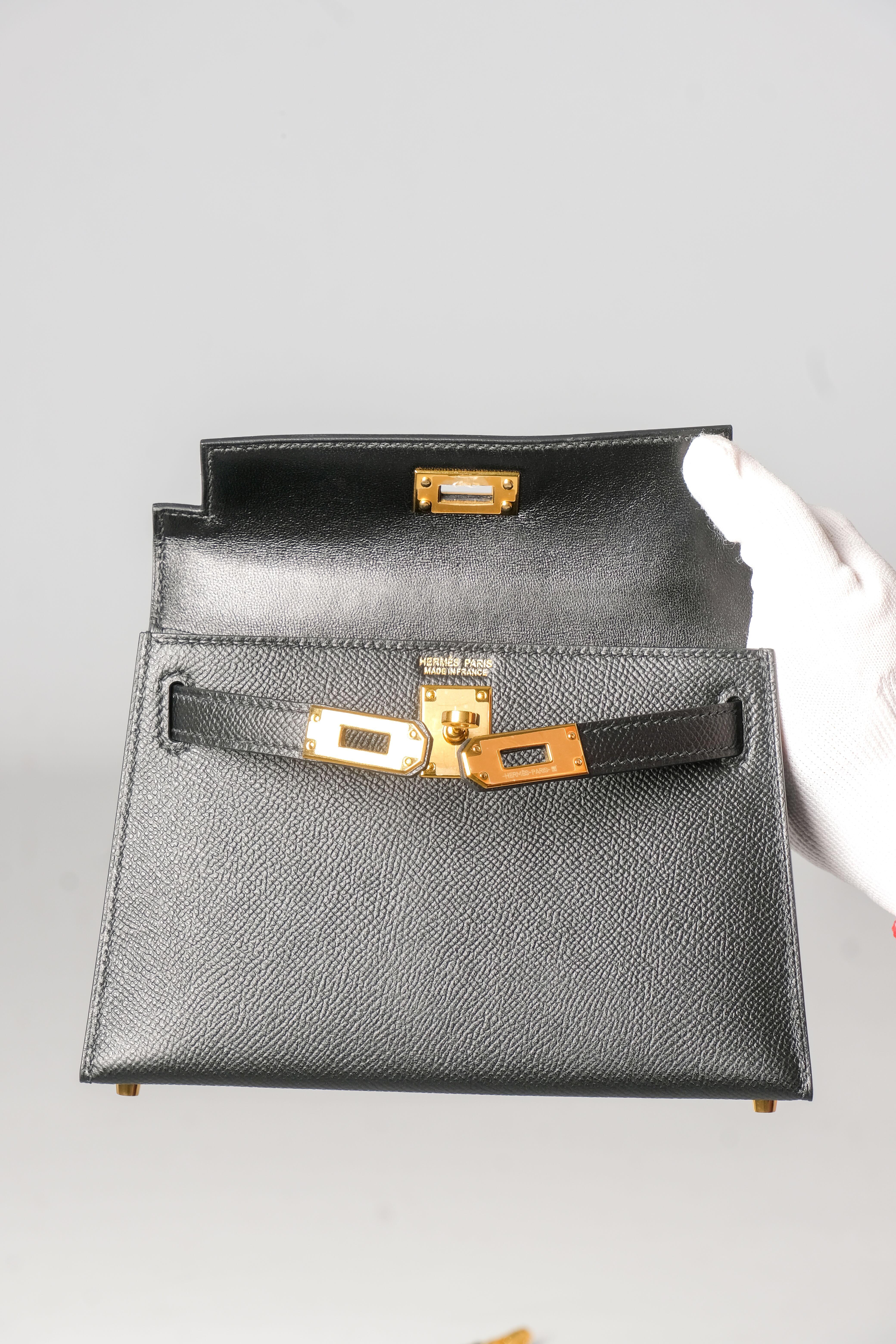 Hermès Black Veau Gold Plated Epsom Mini Kelly II Bag Sellier 20 7
