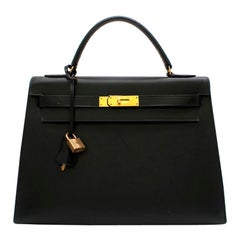 Hermes Black Vintage Box Leather Kelly Sellier 32 GHW