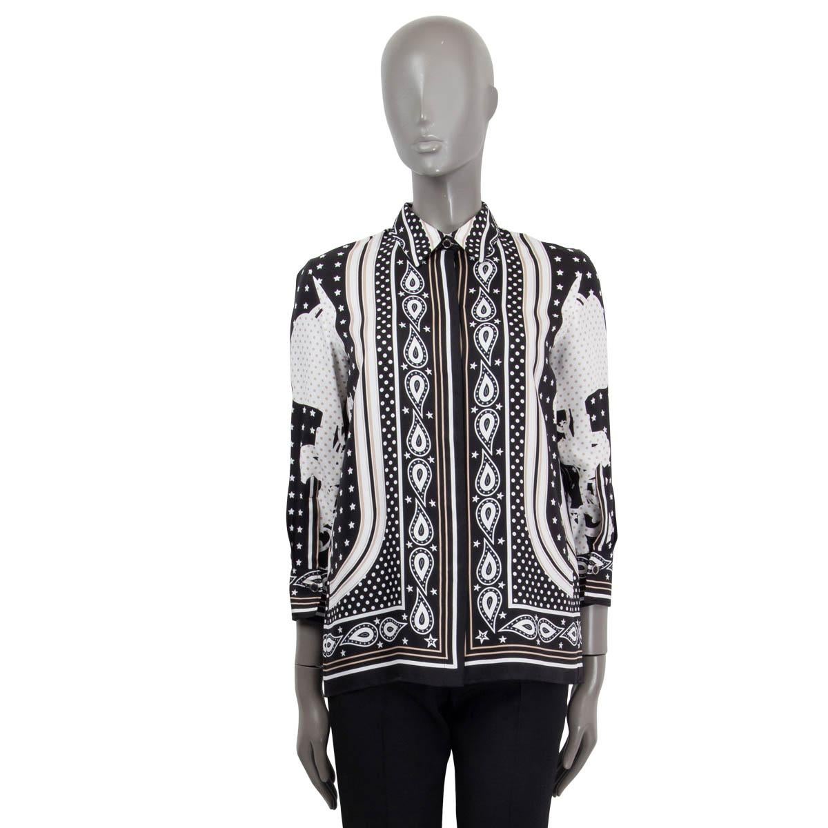 Black HERMES black white beige silk 2021 BRIDES DE GALA BANDANA Blouse Shirt Top 34 XS For Sale