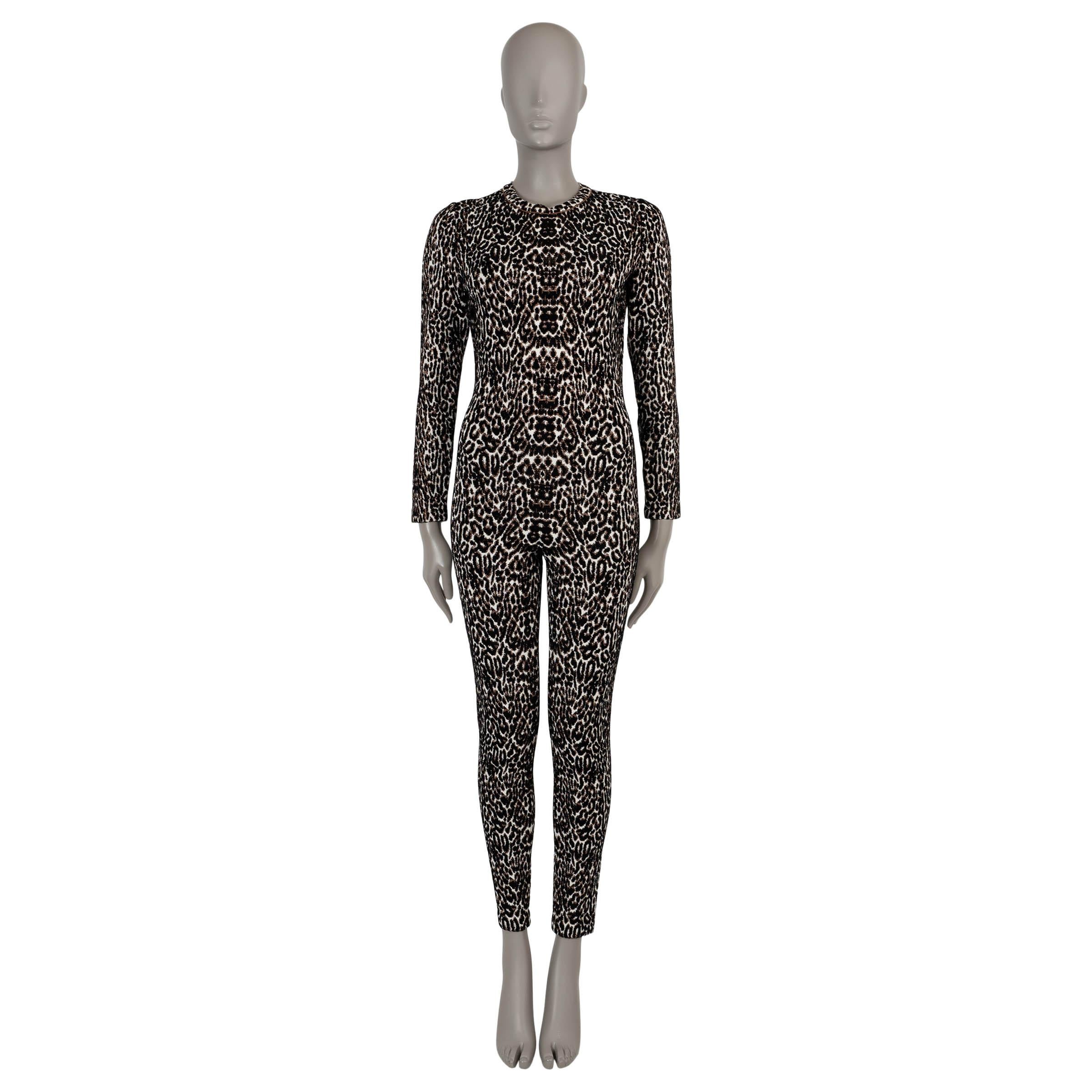 HERMES black white brown 2022 LEOPARD JACQUARD KNIT Jumpsuit S For Sale