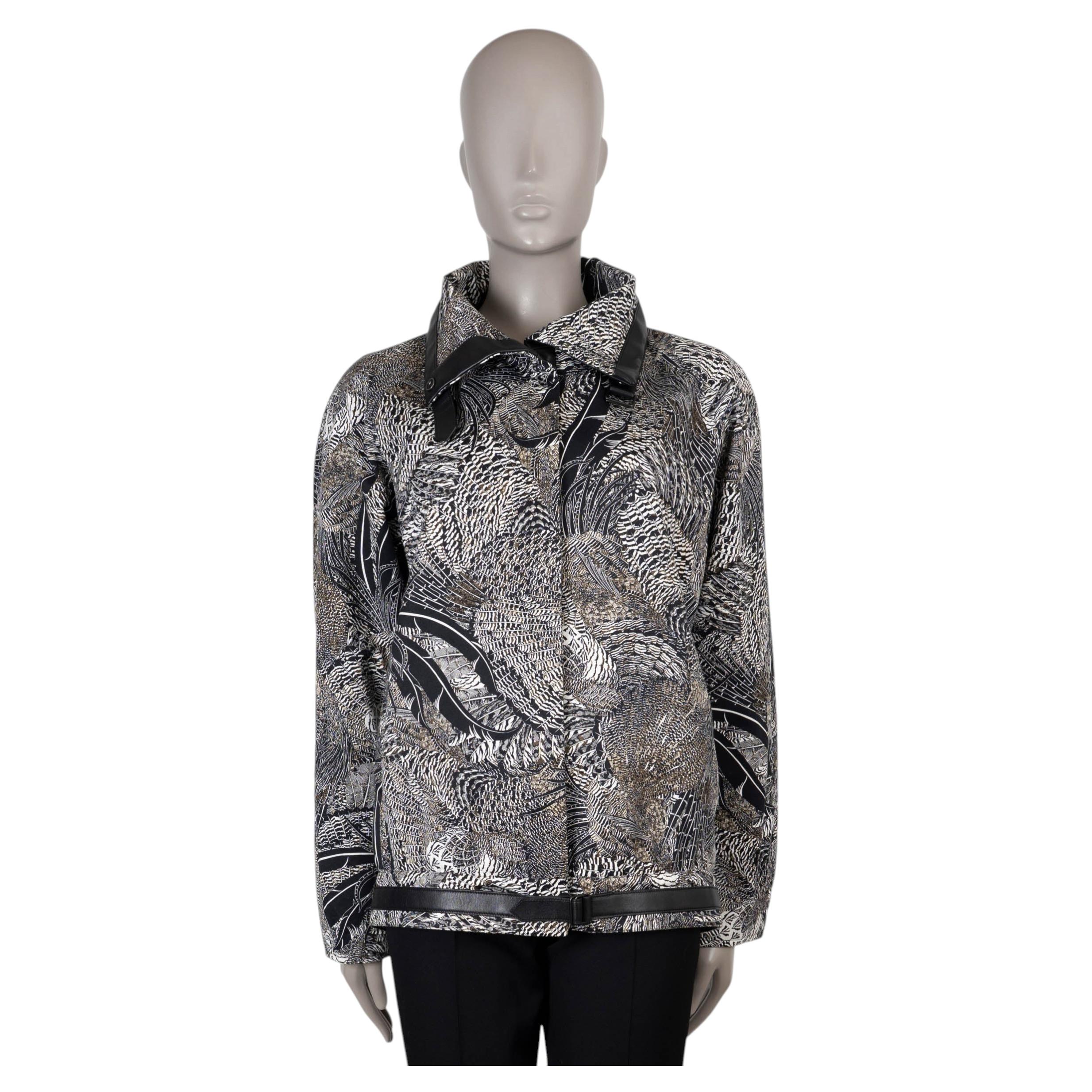 HERMES black white cotton LEATHER TRIM FEATHER JACQUARD Jacket 38 S For Sale