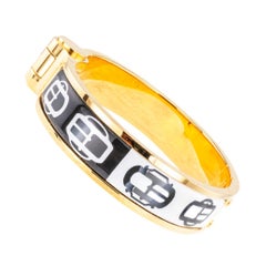 Hermes Black White Enamel Buckle Motif Yellow Gold Plated Hinged Bangle Bracelet
