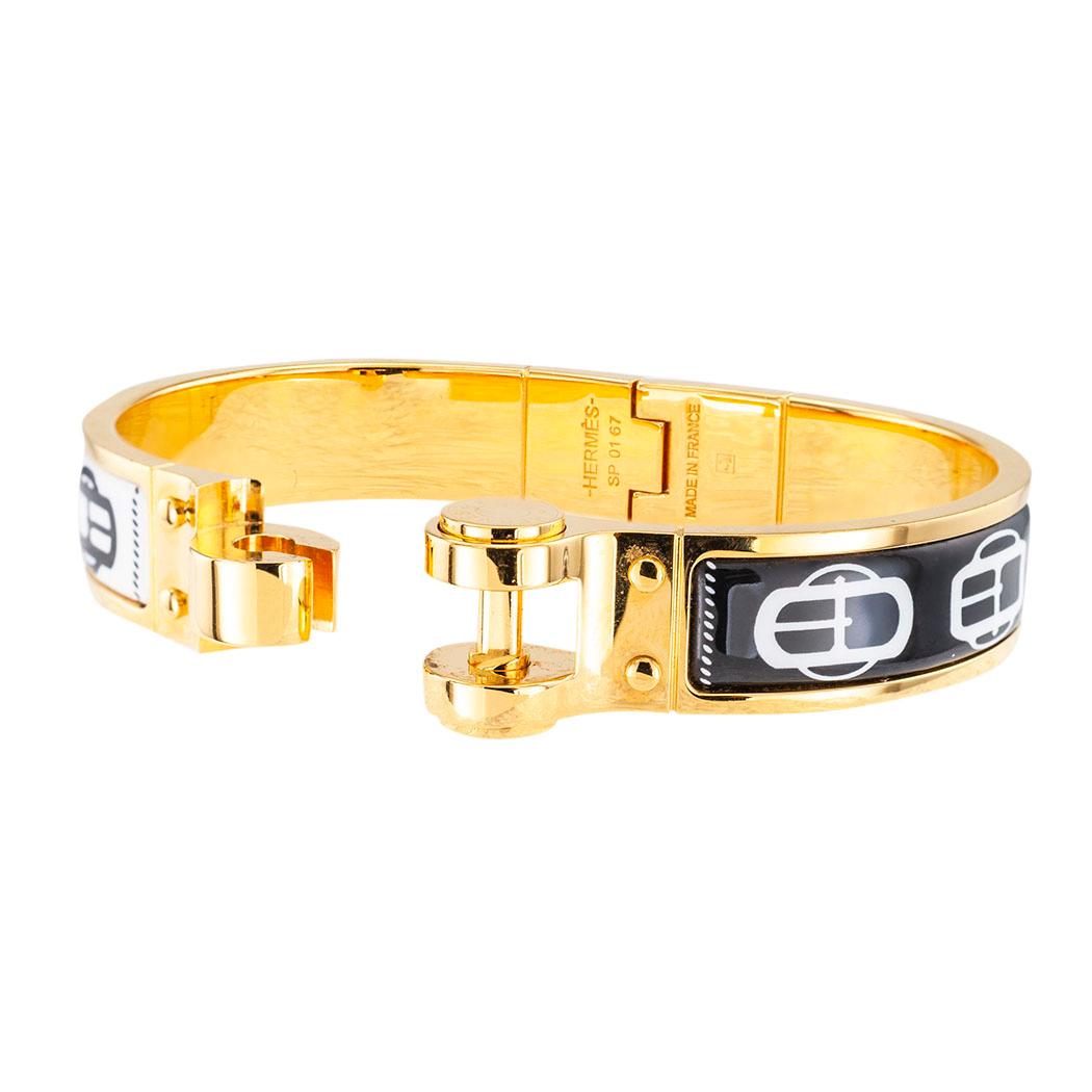 Contemporary Hermes Black White Enamel Buckle Motif Yellow Gold Plated Hinged Bangle Bracelet